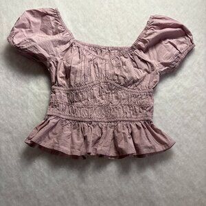 Pink 100%Cotton India Smocked Top Sz XS/S Peplum Elastic Puff Sleeves Coquette